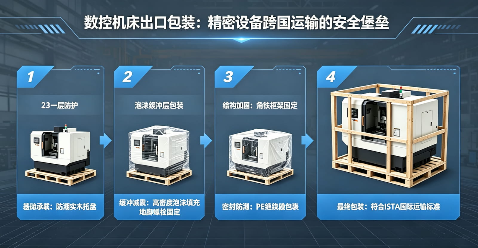 数控机床出口包装全流程解析：重心校核、VCI防锈与港口冲击防护